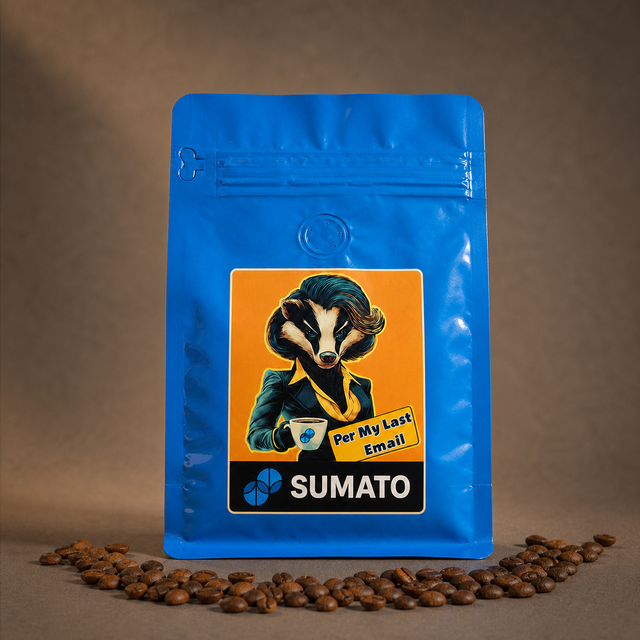 Per My Last Email Sumato Coffee in a blue bag with roasted coffee beans
