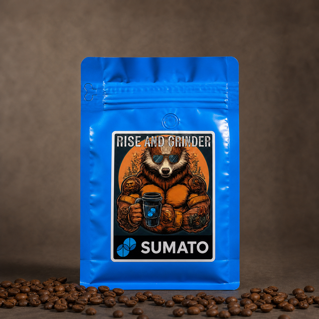 Rise and Grinder Sumato dark roast coffee in a blue bag with roasted beans