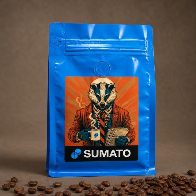 The Founder Sumato Coffee in a blue bag with roasted coffee beans