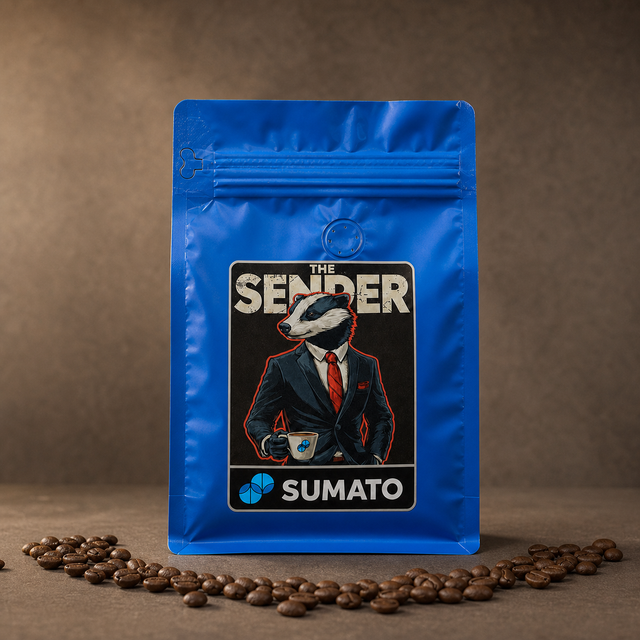 The Sender Sumato Coffee in a blue bag with roasted coffee beans