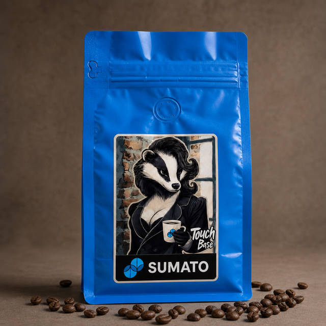 Touch Base Sumato Coffee in a blue bag with roasted coffee beans