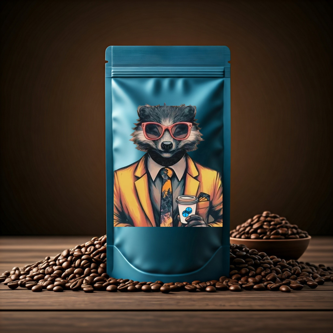 Sumato Coffee’s Culture Hire blend – illustrated badger in yellow suit, floral tie, and red sunglasses holding a to-go cup, surrounded by roasted coffee beans