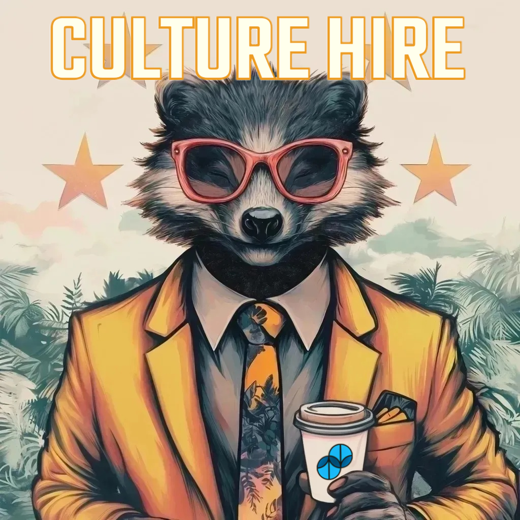 Culture Hire coffee label art from Sumato – badger in a yellow suit, floral tie, and red sunglasses holding a to-go cup, with stars and palm leaves in the background