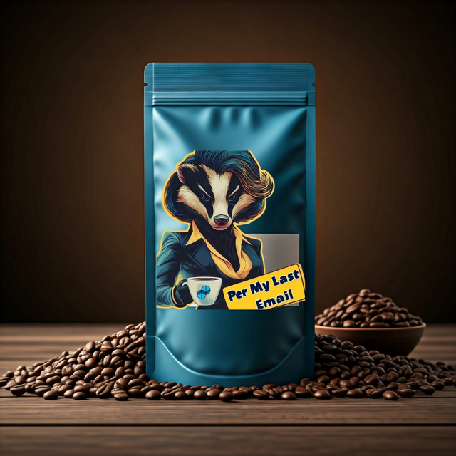 Sumato Coffee’s Per My Last Email blend – bold badger in blazer with styled hair holding a branded mug, standing over a sign reading “Per My Last Email”