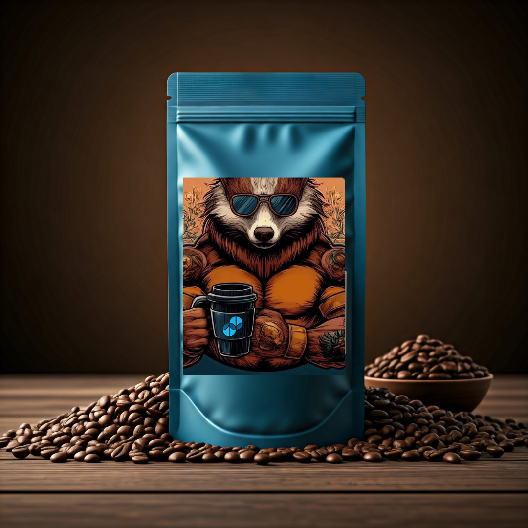 The Rise & Grinder dark roast by Sumato Coffee – bold Colombian-Guatemalan blend in packaging with jacked badger art, ideal for strong mornings and deep focus