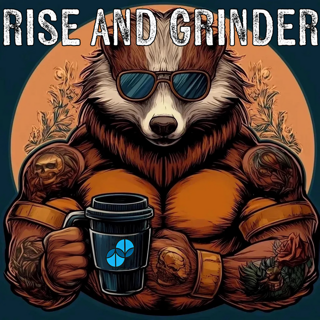 Rise and Grinder dark roast label art from Sumato Coffee – muscular badger with tattoos and sunglasses holding a travel mug against bold sunrise backdrop