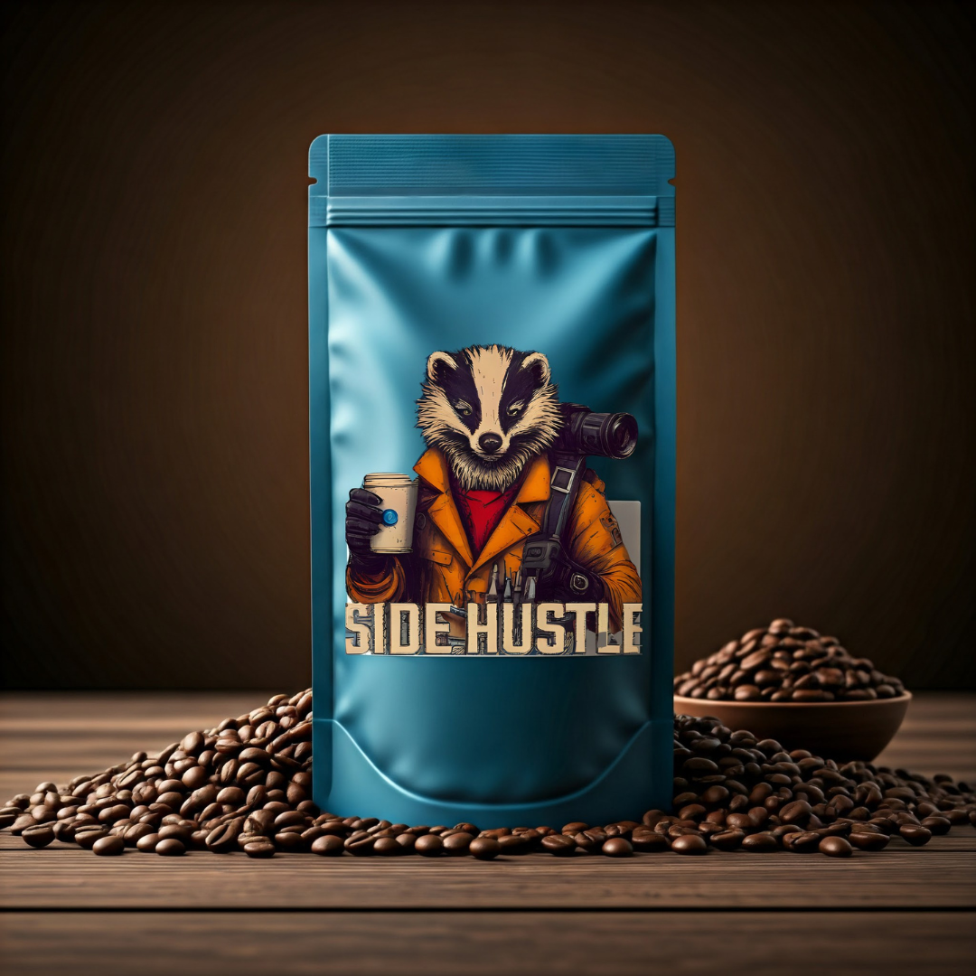 Sumato Coffee’s Side Hustle espresso blend – medium roast featuring a badger in an orange work jacket holding a coffee cup, surrounded by roasted beans