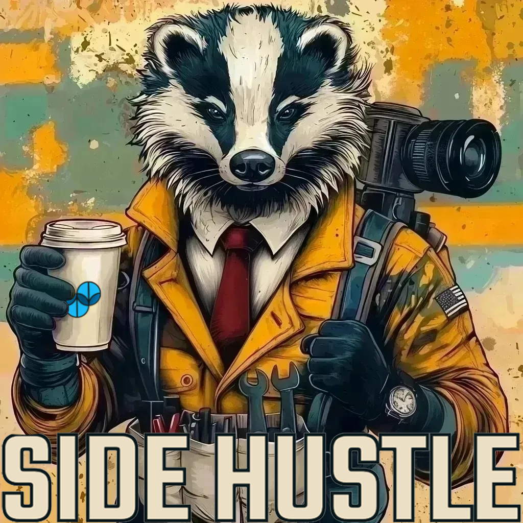 Illustration of Sumato Coffee’s Side Hustle espresso blend – badger in yellow work jacket with tools, camera, and coffee cup, symbolizing creative hustle and grit