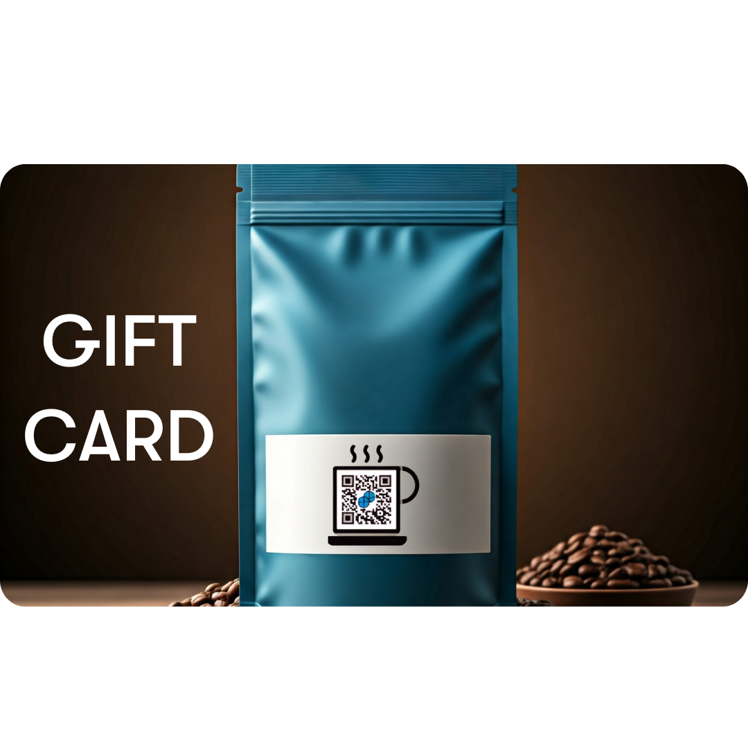 Sumato Coffee digital gift card image – blue coffee bag with QR code label, surrounded by beans, with bold white text reading “GIFT CARD” on a dark background