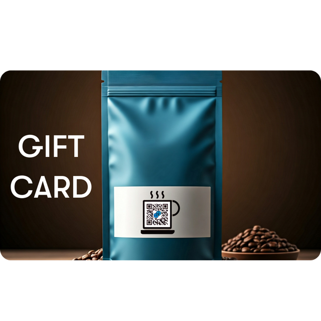 Sumato Coffee digital gift card image – blue coffee bag with QR code label, surrounded by beans, with bold white text reading “GIFT CARD” on a dark background