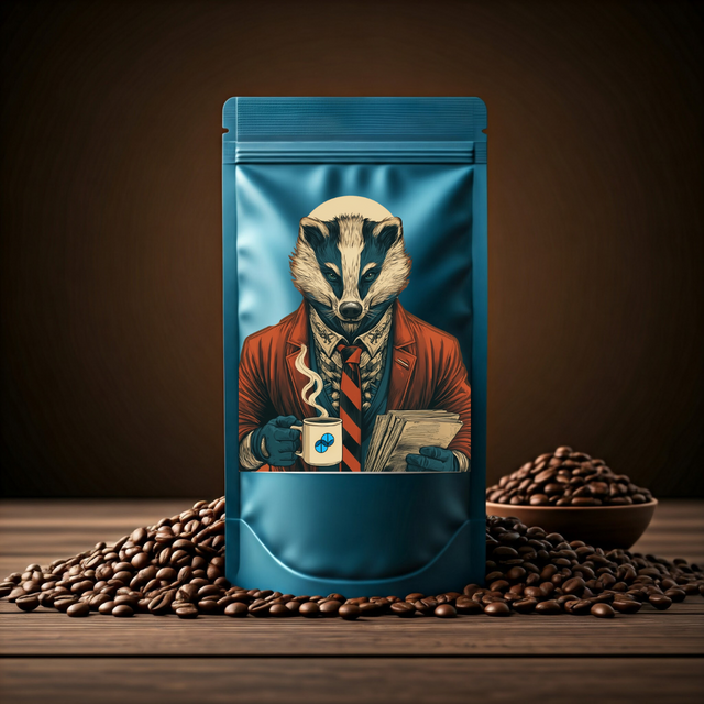Bag of Sumato Coffee’s “The Founder” blend featuring a business-suited badger illustration, surrounded by roasted coffee beans on a wooden table