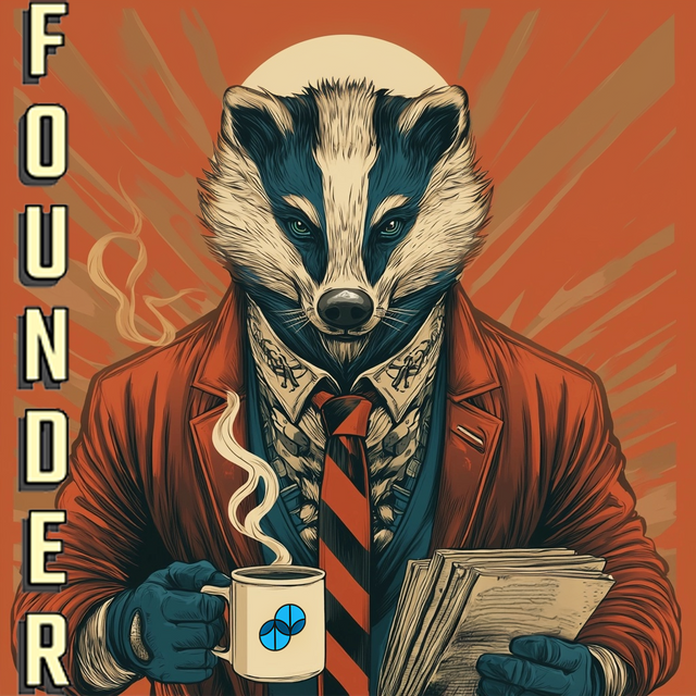 Illustration of a badger in a red suit holding coffee and papers, featured on Sumato Coffee’s “The Founder” label – bold, entrepreneurial-themed coffee art