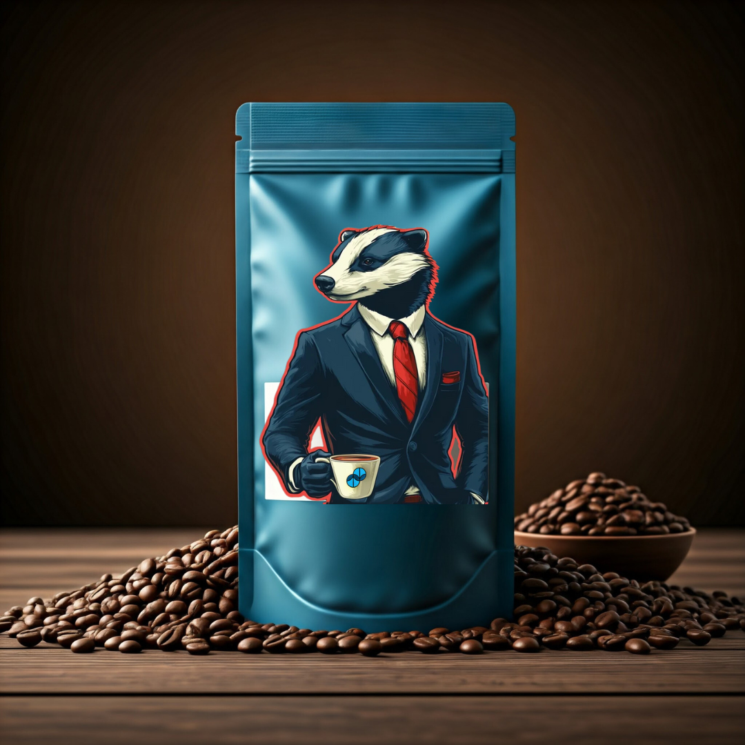 Sumato Coffee’s The Sender blend – medium roast featuring a confident badger in a suit and red tie holding a coffee cup, surrounded by whole roasted beans