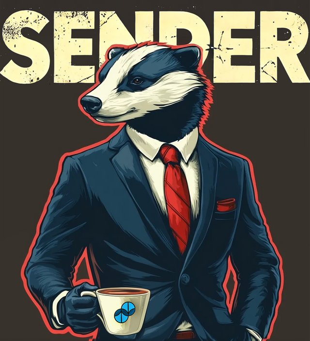The Sender coffee label from Sumato Coffee – confident badger in suit and red tie holding a branded mug, with bold “SENDER” text in the background