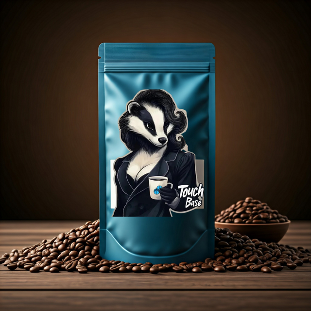 Sumato Coffee’s Touch Base blend – illustrated badger in a black blazer holding a branded coffee mug, surrounded by roasted beans with “Touch Base” text on the bag
