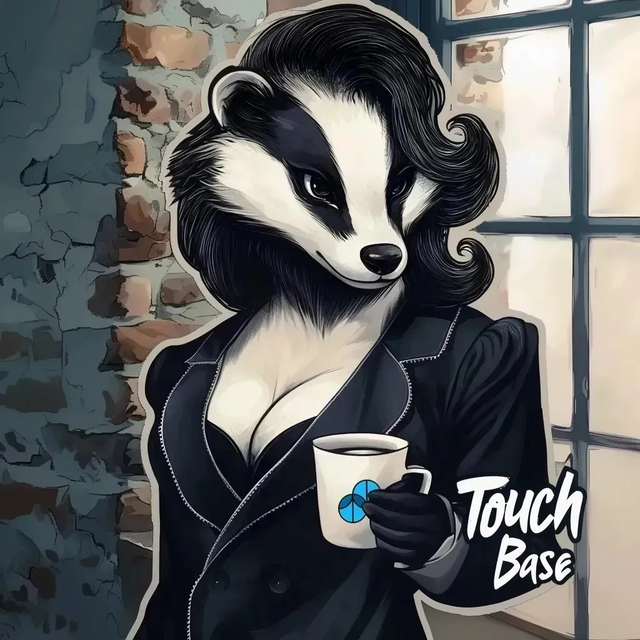 Touch Base label art by Sumato Coffee – stylized badger in black blazer holding a branded mug, standing by a brick wall and window, with “Touch Base” text overlay