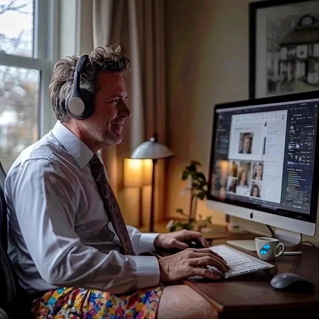 Man working from home in business shirt and tie with colorful shorts, wearing headphones at desktop computer, Sumato Coffee mug on desk
