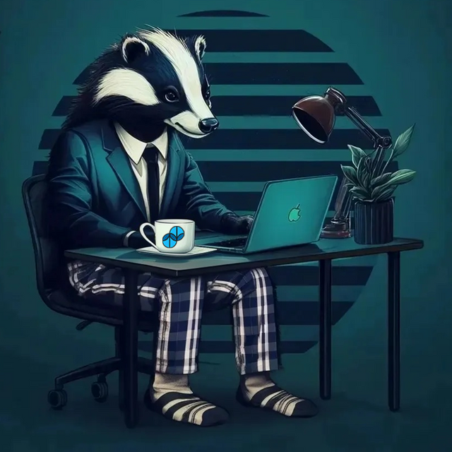 Work-from-home themed illustration of a badger in a blazer and pajama pants, sipping Sumato Coffee at a laptop with houseplants, desk lamp, and branded mug