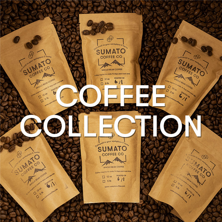 Sumato Coffee Collection – overhead view of brown kraft coffee bags surrounded by roasted beans with bold white text reading “Coffee Collection”
