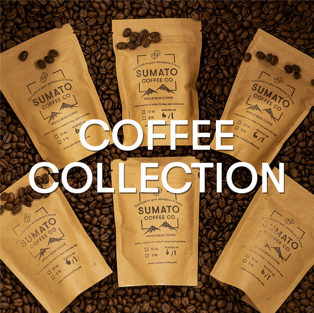 Sumato Coffee Collection – overhead view of brown kraft coffee bags surrounded by roasted beans with bold white text reading “Coffee Collection”
