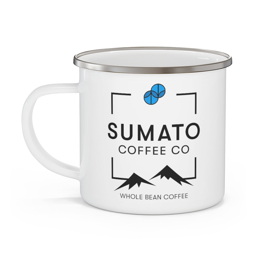 12oz white enamel Sumato Coffee Co. camping mug with black mountain logo and metal rim – lightweight, durable, and ready for adventure