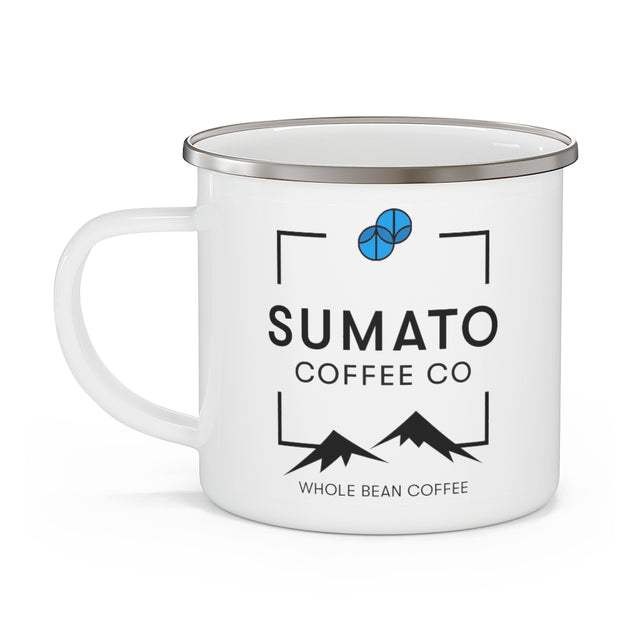 12oz white enamel Sumato Coffee Co. camping mug with black mountain logo and metal rim – lightweight, durable, and ready for adventure