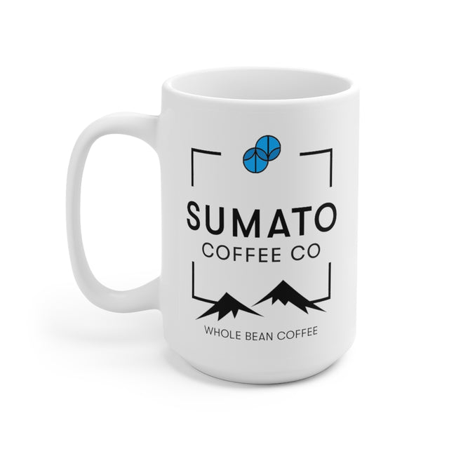 15oz white ceramic Sumato Coffee Co. mug featuring mountain logo and branding – clean, modern design for serious coffee drinkers