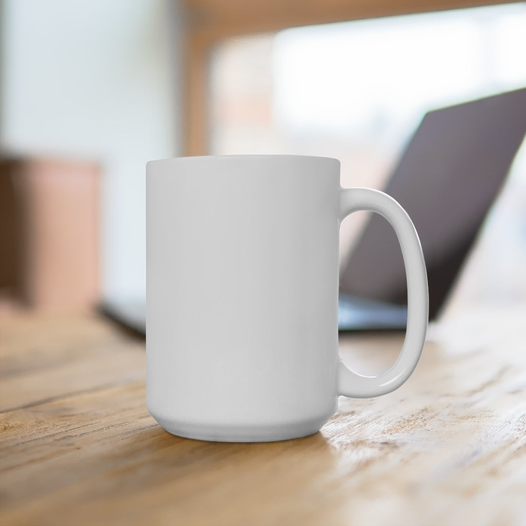 White 15oz ceramic coffee mug on wooden desk with blurred laptop in background – clean lifestyle setting perfect for work or home