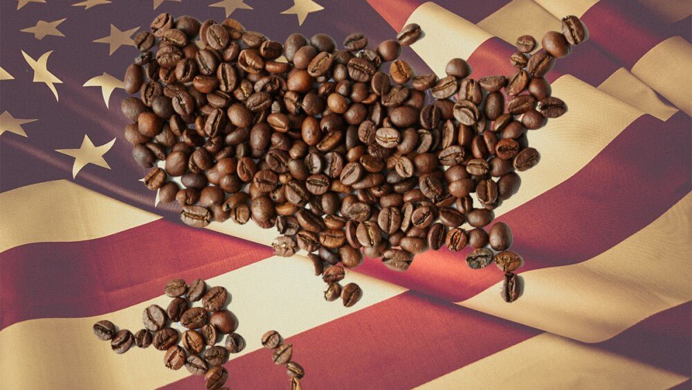 Coffee beans displayed above an image of the American flag.