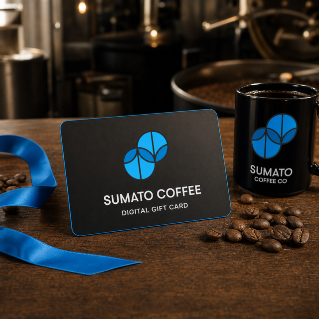 Sumato Coffee digital gift card with branded mug, blue ribbon and roasted coffee beans