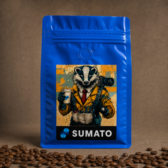 Side Hustle Sumato Coffee in a blue bag with roasted coffee beans
