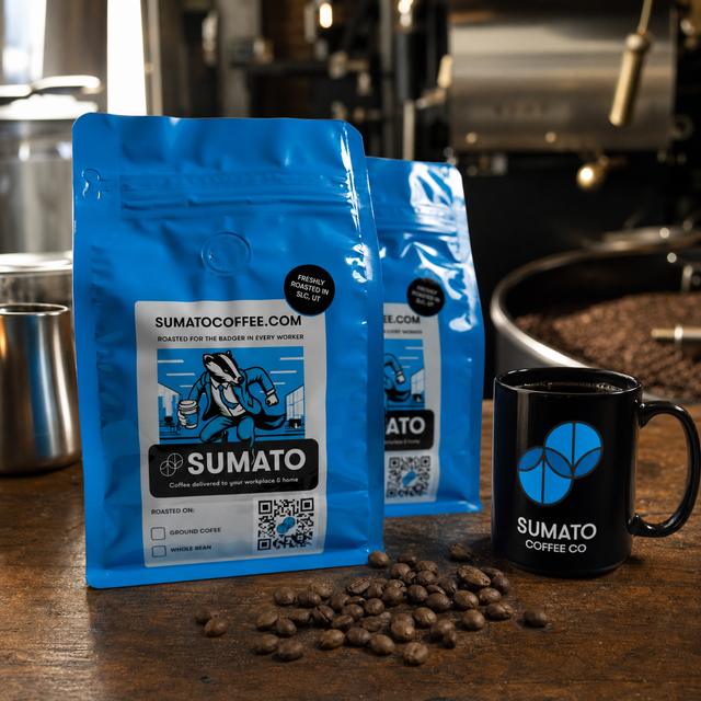 Blue Sumato Coffee bags and branded mug beside freshly roasted coffee beans at the roastery