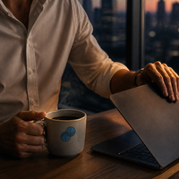Office professional holding Sumato coffee beside a laptop and email correspondence