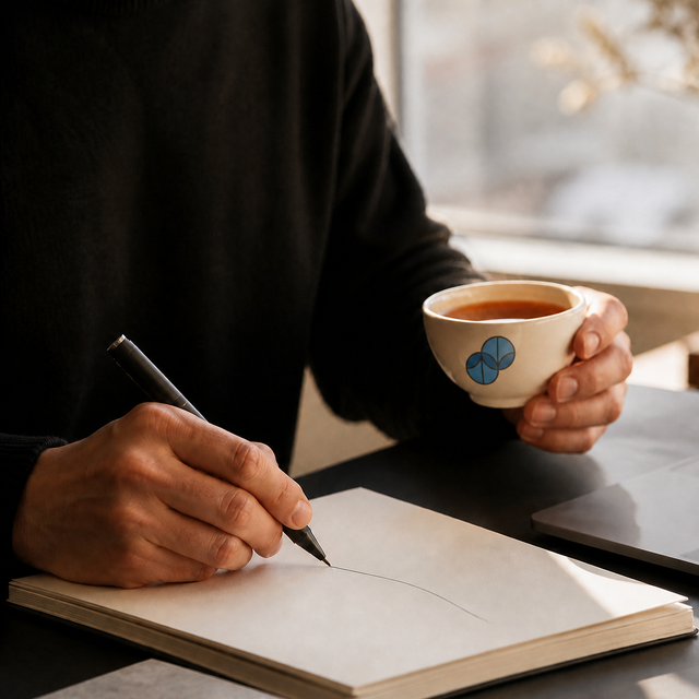 Entrepreneur writing in a notebook while drinking The Founder Sumato coffee