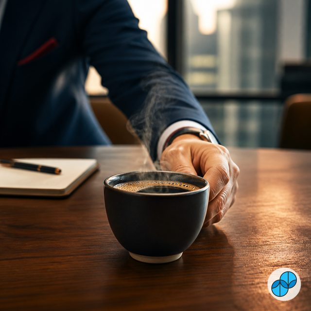 Professional serving a fresh cup of The Sender Sumato coffee at a conference table