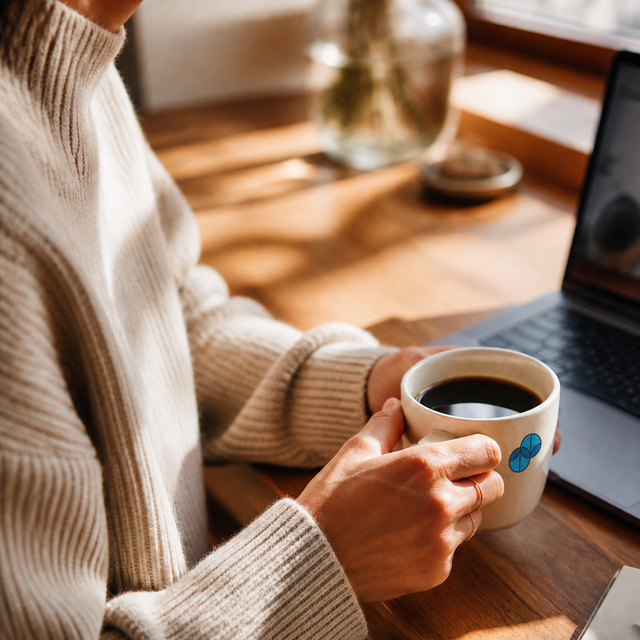 Person holding a Sumato coffee mug while working from home on a laptop